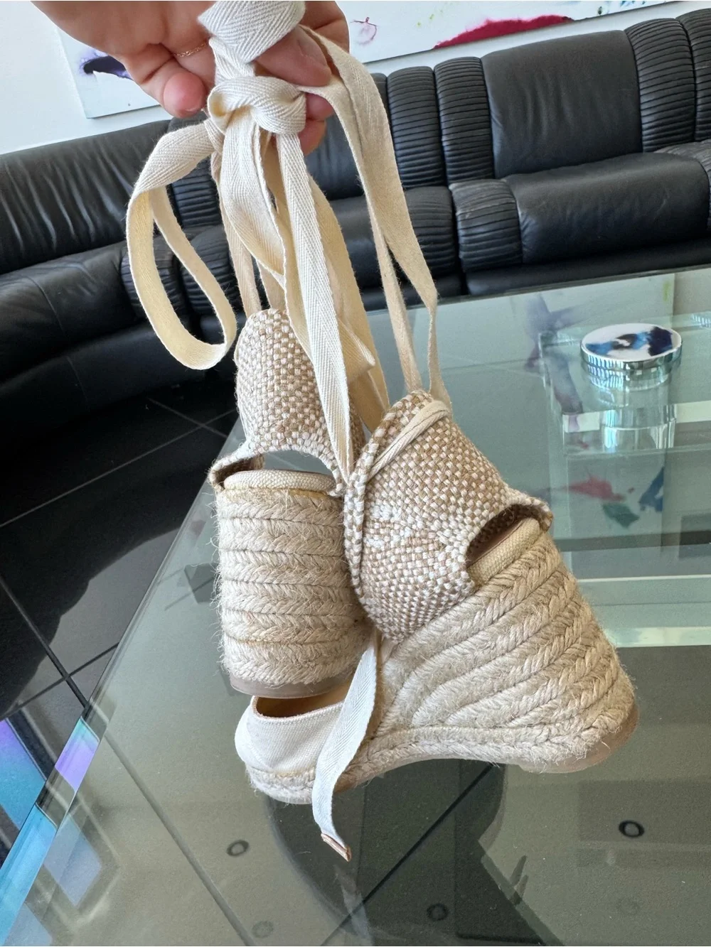 Beige Canvas Espadrille Wedge with Ankle Ties